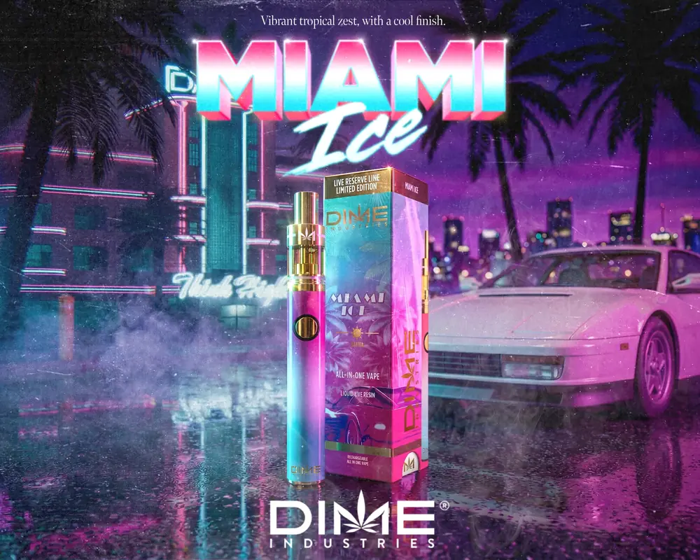 Miami Ice email ad: the vape and box on a neon Miami street beside a white sports car, under the Miami Ice logo
