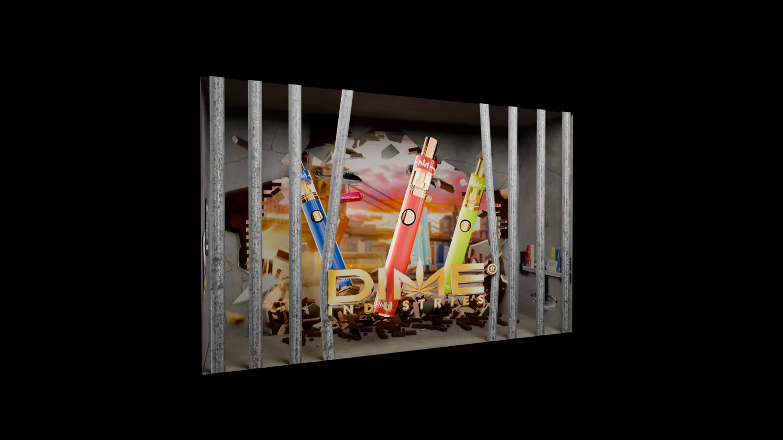 3D Blender mockup of a caged window diorama for Dime Industries at Conbud New York