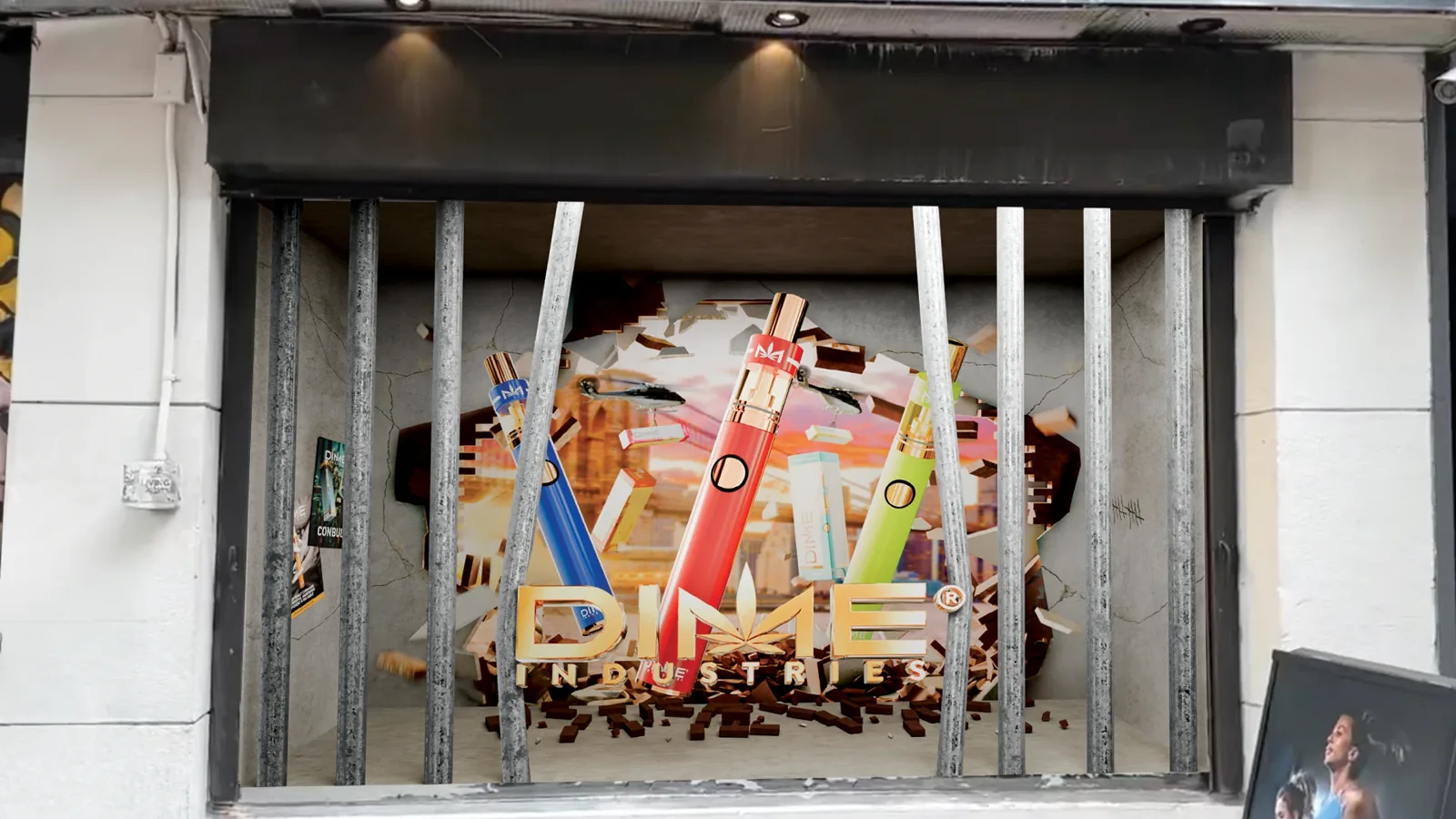 Mockup of the Dime Industries diorama placed in the Conbud New York store window