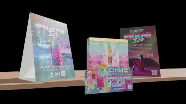 Miami Ice holographic table tent, shelf talkers, and box on a wooden shelf, an animated 3D mockup that loops